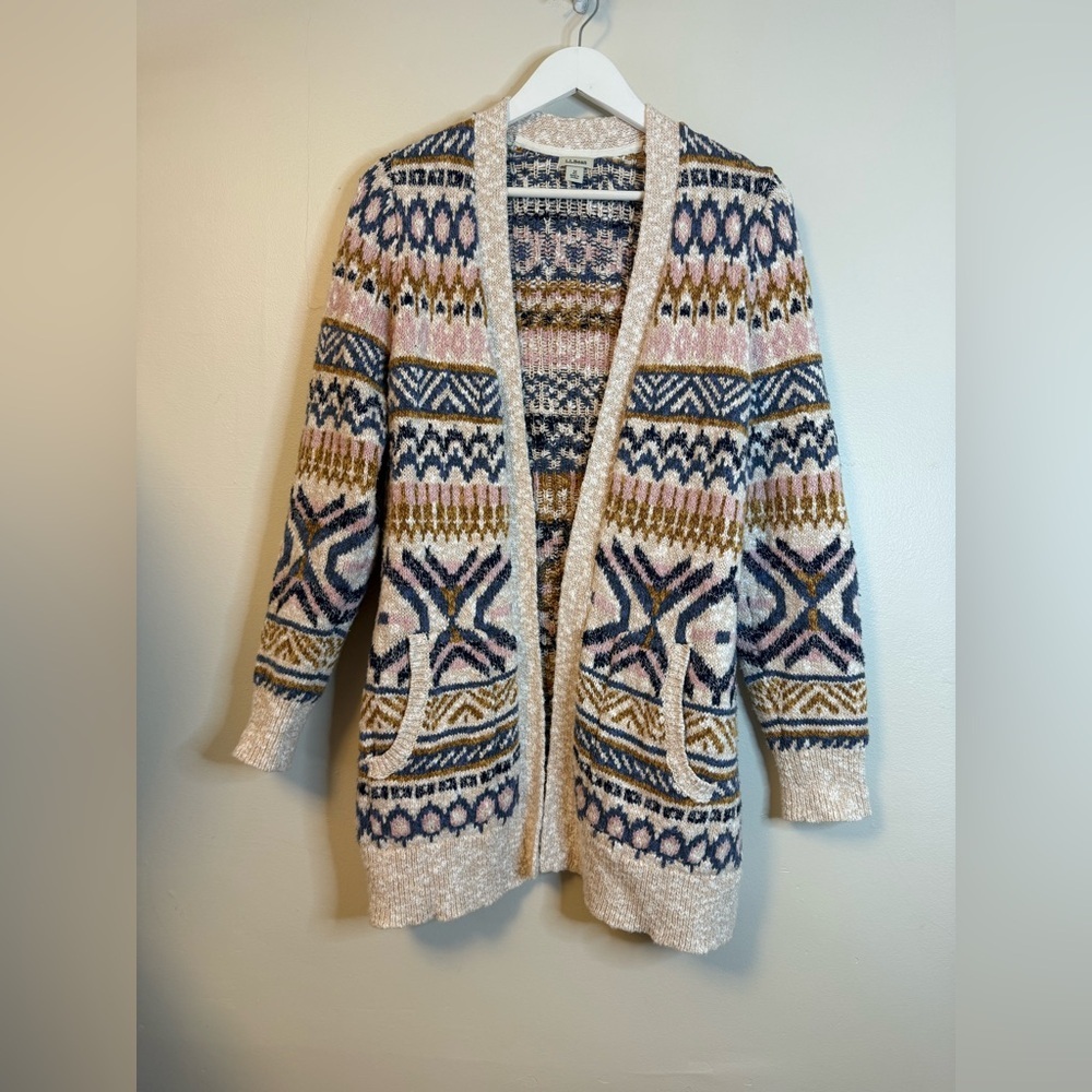 L.L. Bean Womens Fair Isle Knit Cardigan Sweater Pockets Size M 100% Cotton Pink
